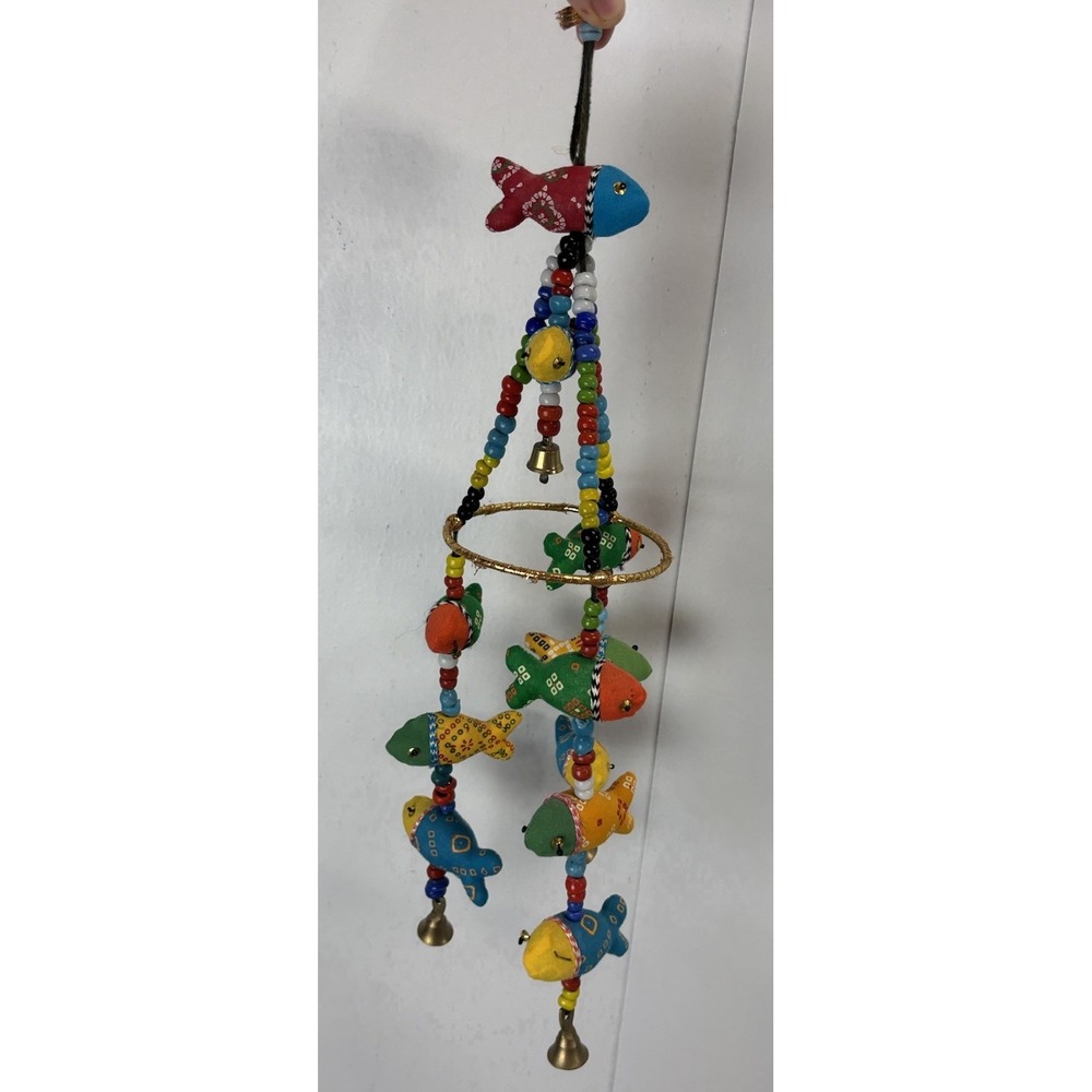 Whimsical Fabric Fish Mobile Wind chime Beaded Artistic Boho Bells